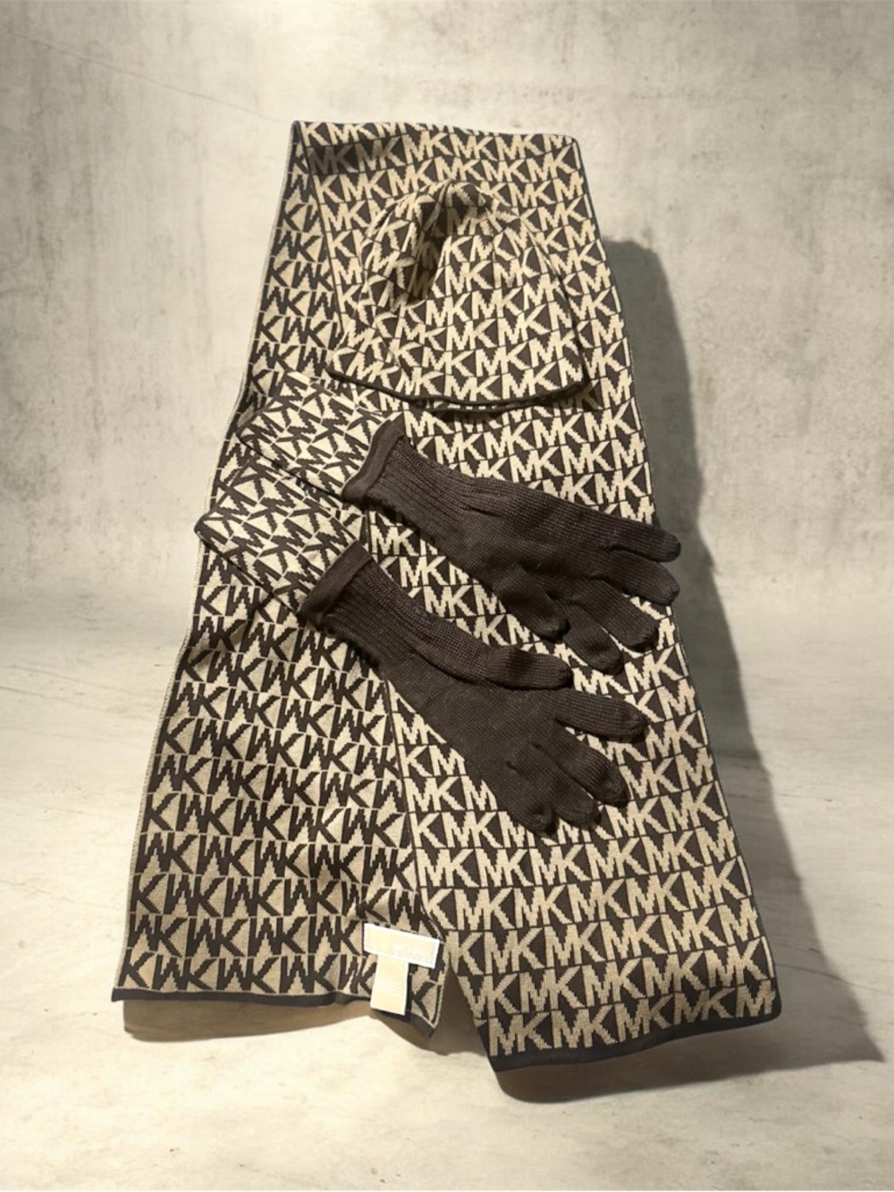 Michael Kors Brown & Cream MK Monogram Scarf, Hat and Gloves Set